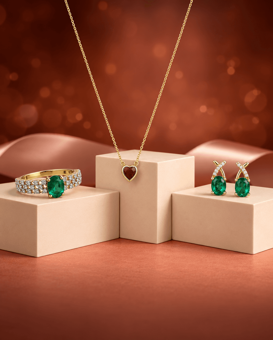 Diamond ring, necklace, and earring set, hand-finished in gold